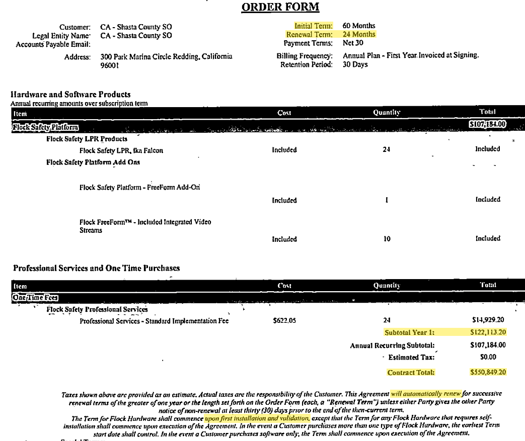The Flock order form in the item R2 packet: a 60-month initial term, 24-month renewals, $122,113.20 for Year 1 and $550,849.20 in all.