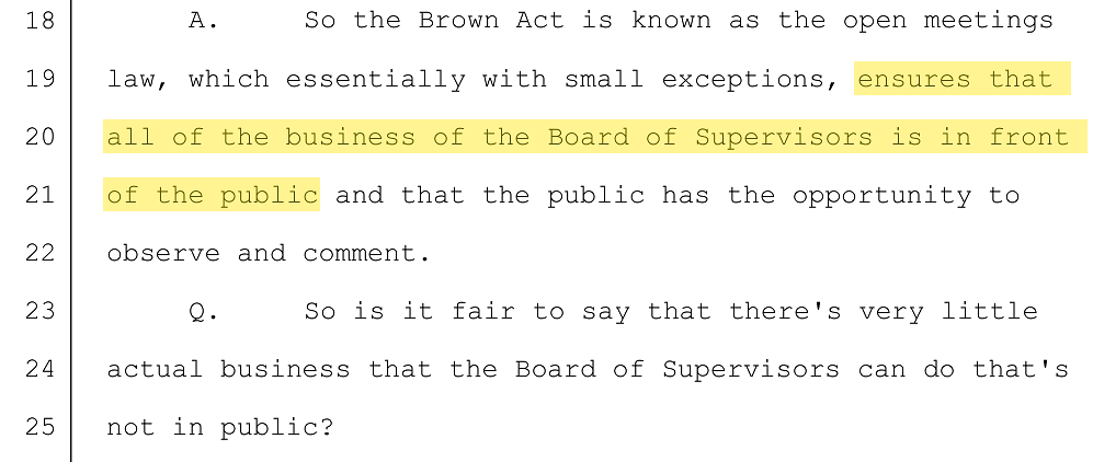 County Counsel Joseph Larmour describing the Brown Act to the jury in a December 2025 Shasta County criminal trial, Reporter's Transcript p.70.