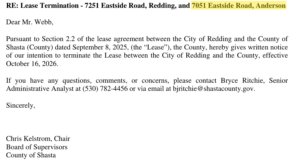 The draft termination letter in Tuesday's packet (item R7) still names 7051 Eastside Road, Anderson.