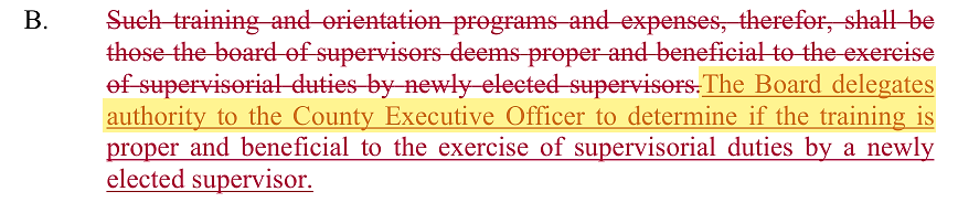 The item R10 redline: the board's own approval of supervisor-elect training (struck) is replaced by a delegation to the County Executive Officer.