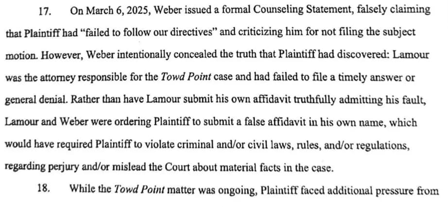 Cox complaint para 13-14: Lamour was the attorney responsible for the Towd Point case who missed the original deadline