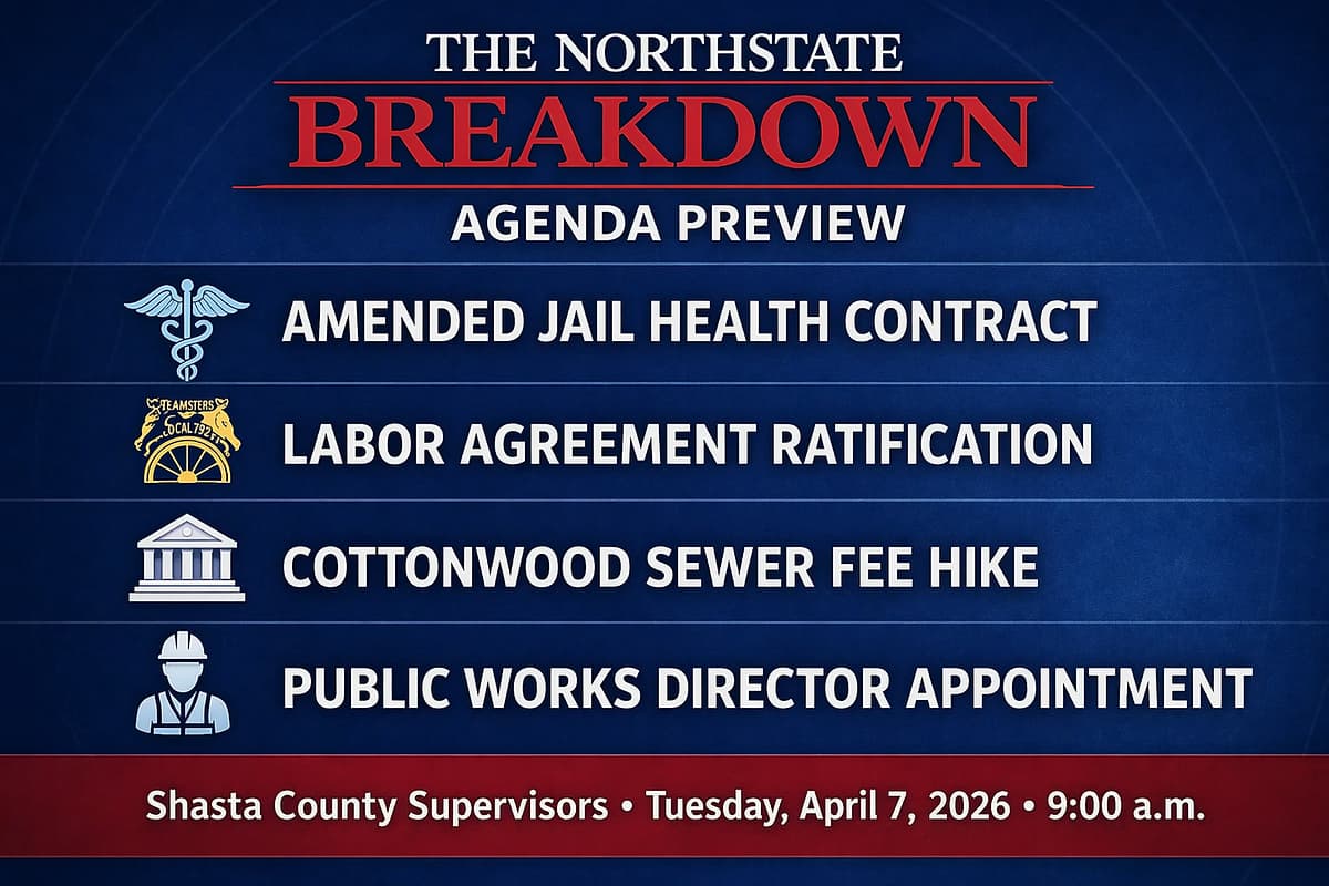 Shasta Supervisors to Consider Amended Jail Health Contract, Cottonwood Sewer Fee Hike, and Public Works Director Appointment Tuesday