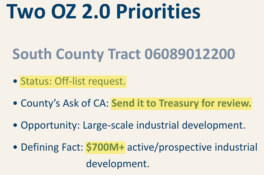 A slide from the Shasta County Economic Development Corporation deck attached to item R1, naming the off-list South County tract.